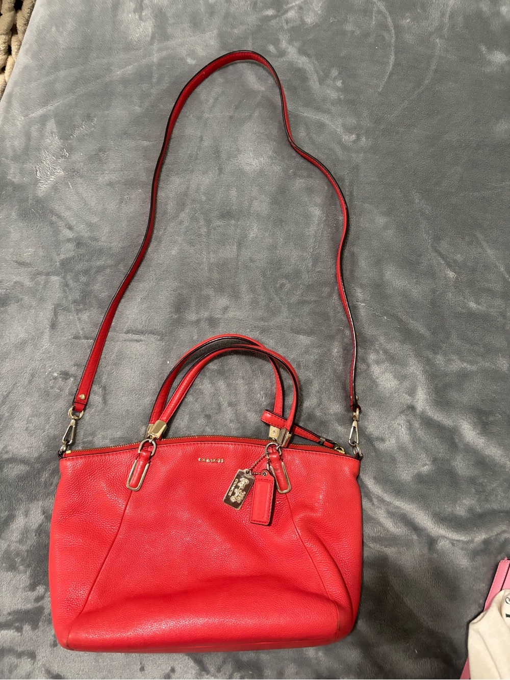 Coach Red Leather Satchel with Double Handles and Crossbody Strap